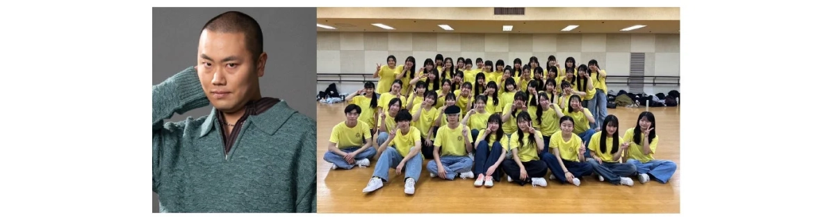 男性と学生たちの集合写真