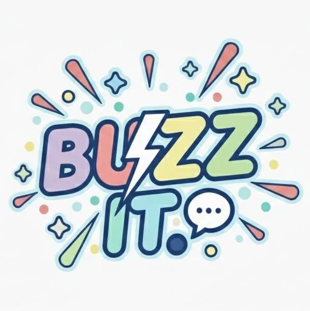 「BUZZ IT.」というカラフルな文字が描かれた、稲妻や吹き出し、星などの装飾が周囲に散りばめられた活気あるポップなデザインの画像