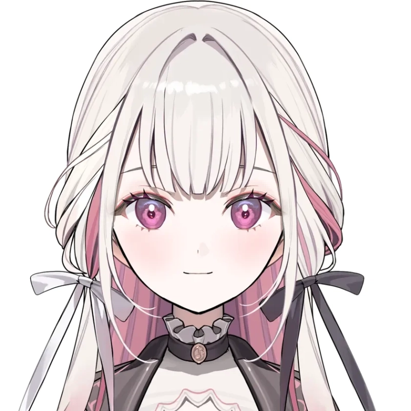 白い髪とピンクの瞳が特徴的なアニメスタイルの女の子のイラスト