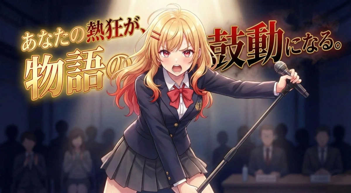 アニメ風の女子高生がステージでマイクを握り、情熱的に歌っているイラスト。