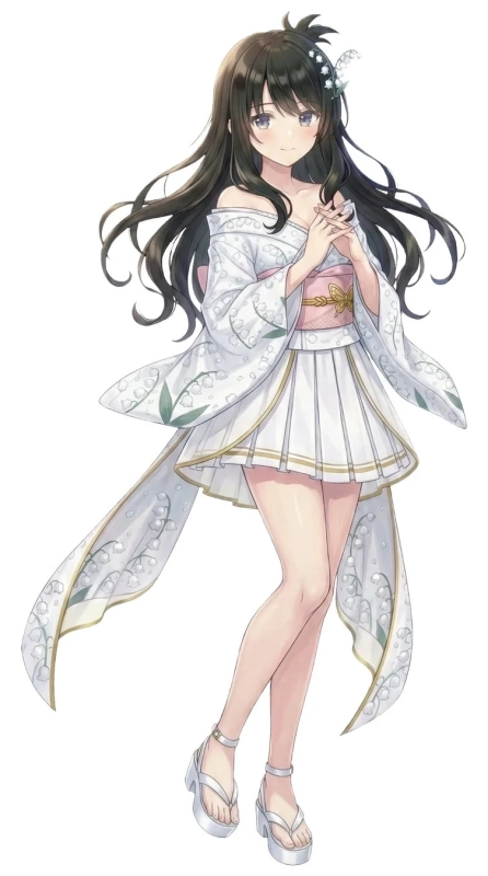 スズランの模様があしらわれた白い和風衣装をまとった、笑顔のアニメ少女。