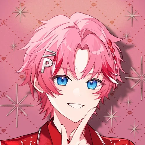 ピンクの髪と青い目を持つアニメ風の男性キャラクターのイラスト