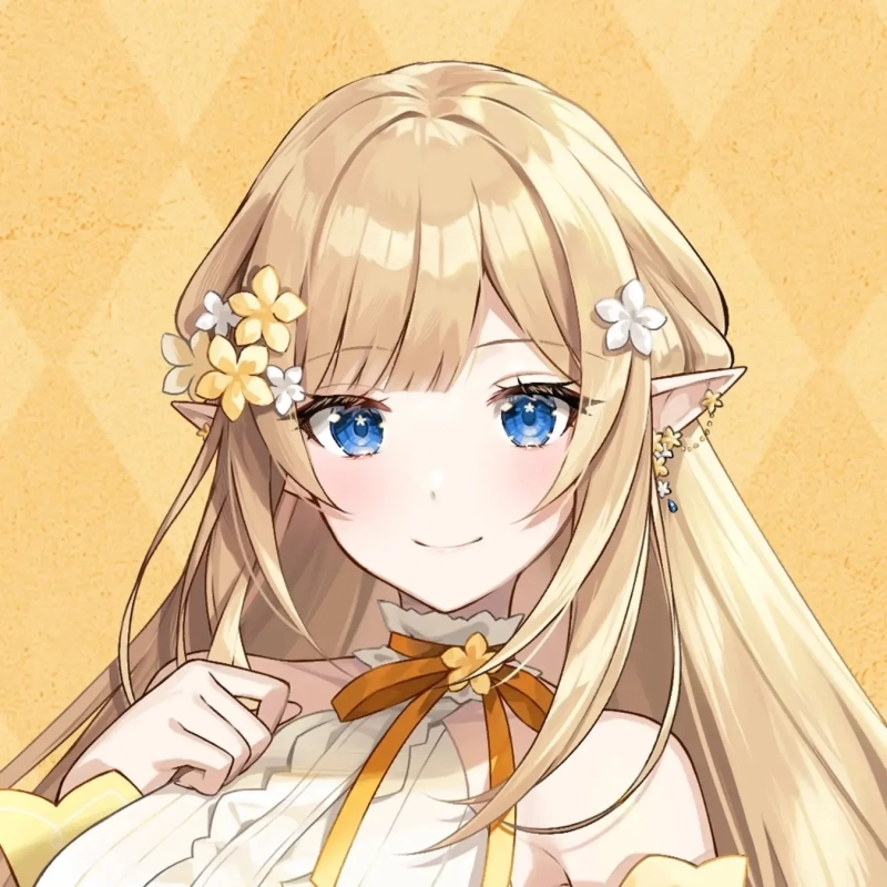 金髪で青い目のエルフの女性キャラクターのバストアップイラストです。頭には黄色と白の花飾りが付いており、白い服にオレンジ色のリボンを着用し、優しい笑顔を浮かべています。背景は黄色の菱形模様です。
