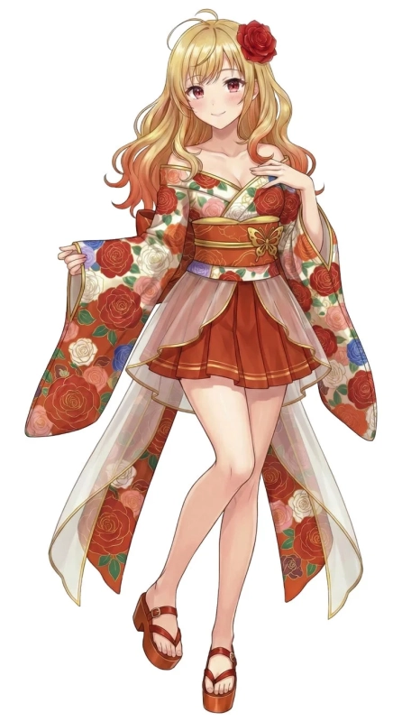 金髪赤目のアニメ少女が、バラの模様があしらわれた現代的な着物とフリルスカートを組み合わせた衣装を身につけ、笑顔で立っているイラストです。