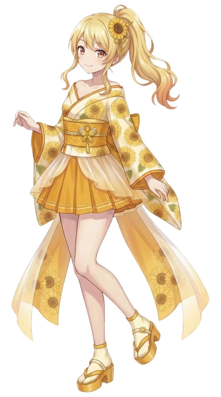 ひまわり柄の着物風衣装をまとった、金髪で笑顔のアニメ少女のイラスト。