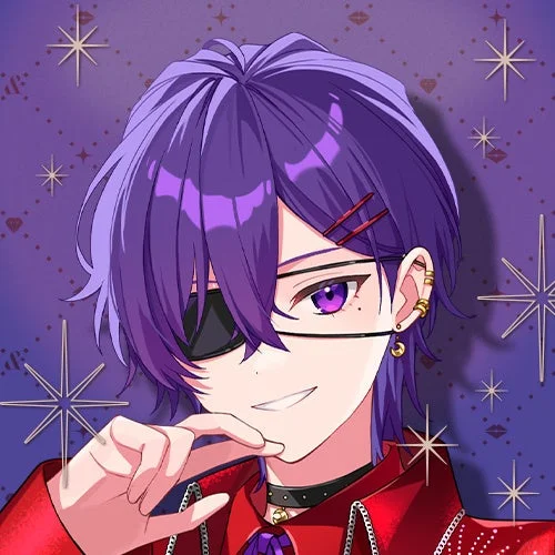 紫色の髪と瞳を持つアニメ風の男性キャラクターのイラスト