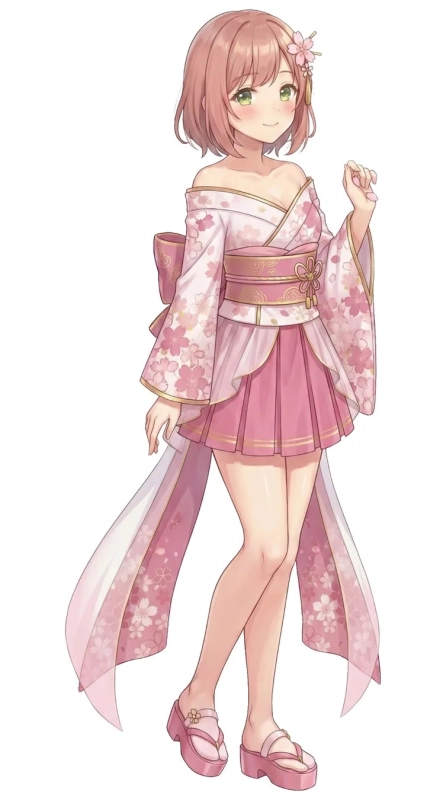 桜柄のピンクの着物風衣装を身につけた、笑顔のアニメ少女のイラストです。