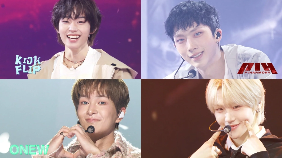 K-popアイドル4人のステージパフォーマンス中の笑顔のクローズアップ