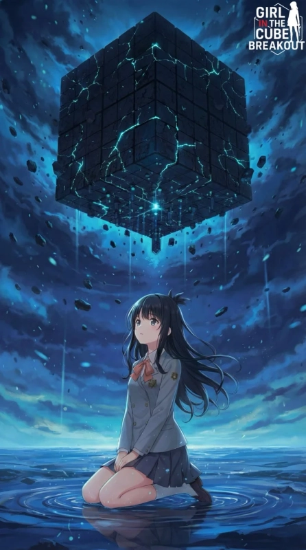 暗い空の下、水面に膝立ちする制服姿のアニメ少女。