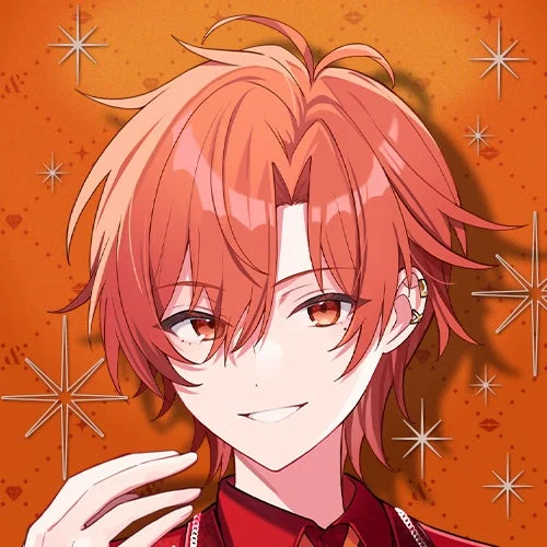 オレンジ色の髪と赤い瞳を持つアニメ風の男性キャラクターのイラスト