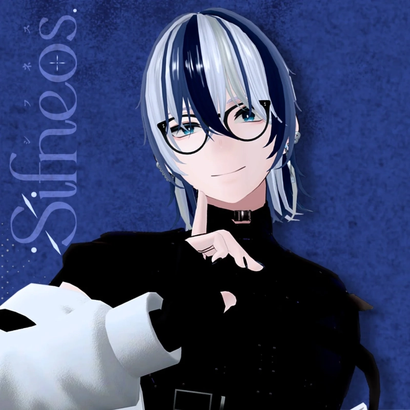 黒と白のストライプヘアと眼鏡が特徴的なVTuber風男性キャラクターのイラスト。