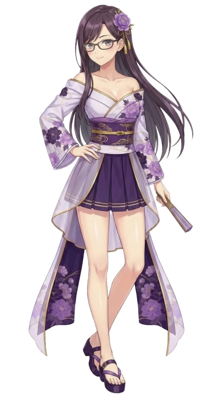 眼鏡をかけたロングヘアの女性キャラクターが、紫と白を基調とした花柄の着物風衣装を身につけ、扇子を持って微笑んでいる全身イラストです。