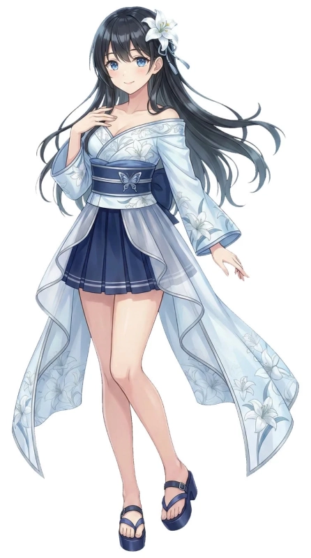 百合の花の模様があしらわれた水色の着物風衣装を身につけた、黒髪と青い瞳のアニメ美少女。