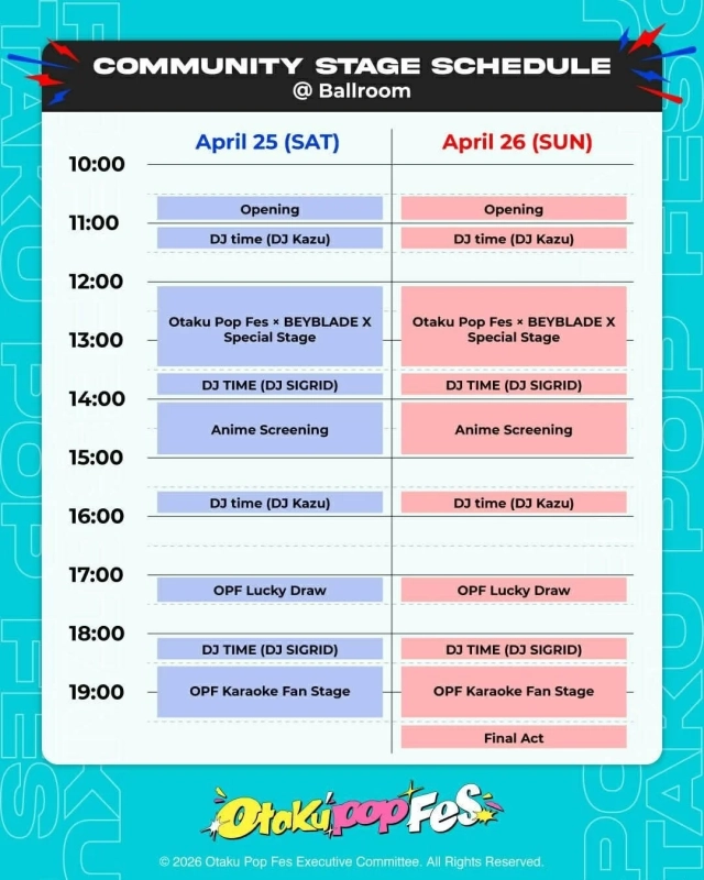 Otaku Pop Fesのコミュニティステージにおける2日間の詳細なイベントスケジュール
