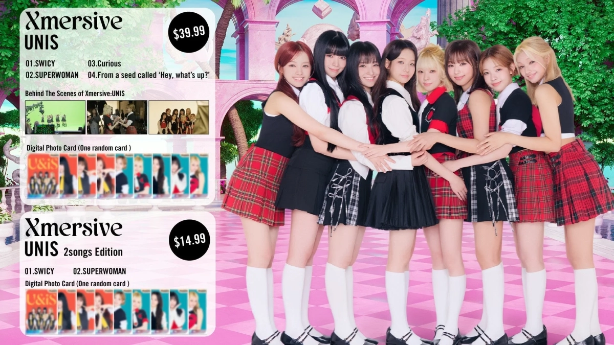 K-POP、ガールズグループ、UNIS、アルバム、デジタルコンテンツ、音楽、アイドル、プロモーション、チェック柄、ミニスカート、制服風、ポップ