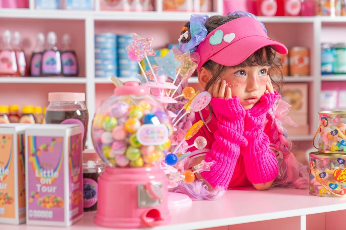 ピンクを基調としたキャンディストアで、鮮やかなピンクの服を着た女の子が、ガムボールマシンや様々なお菓子に囲まれている