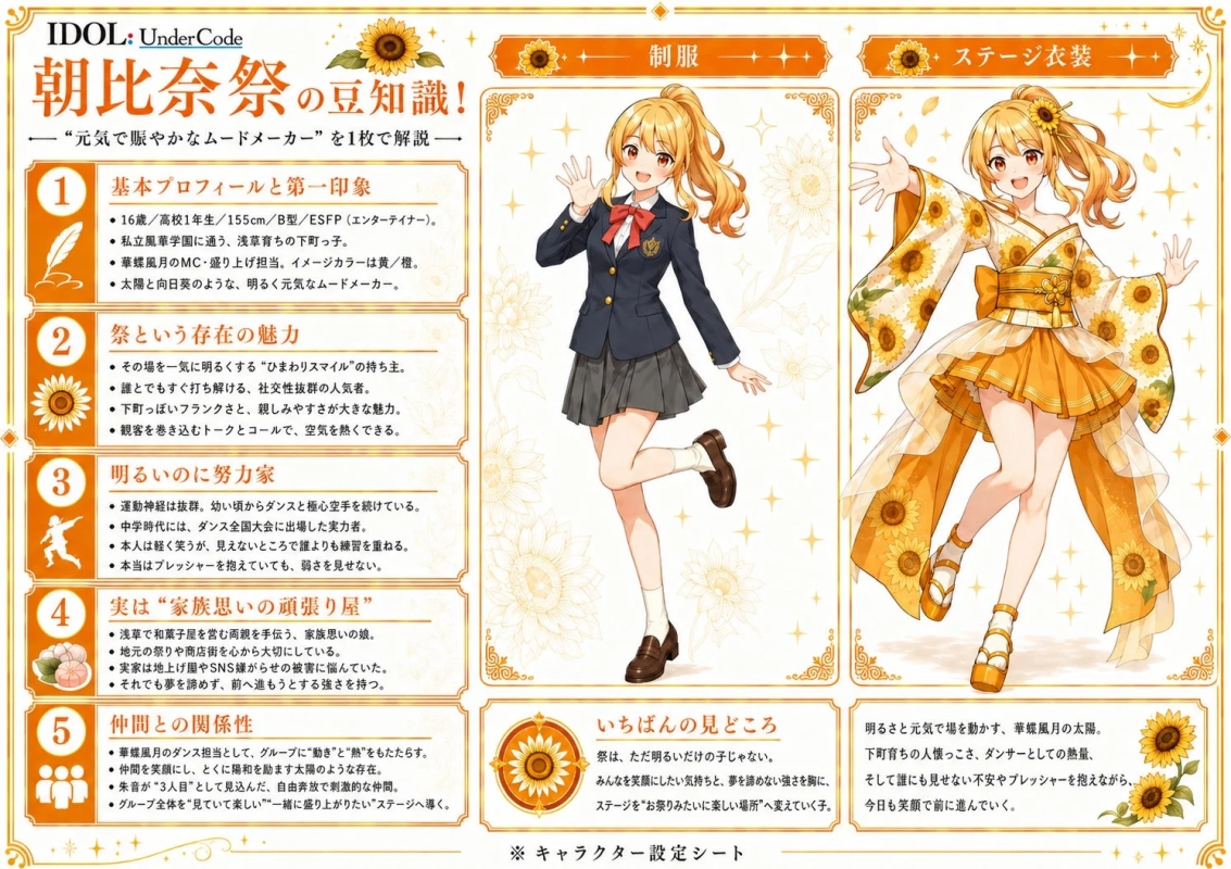 「IDOL: UnderCode」の朝比奈祭のキャラクター設定シート