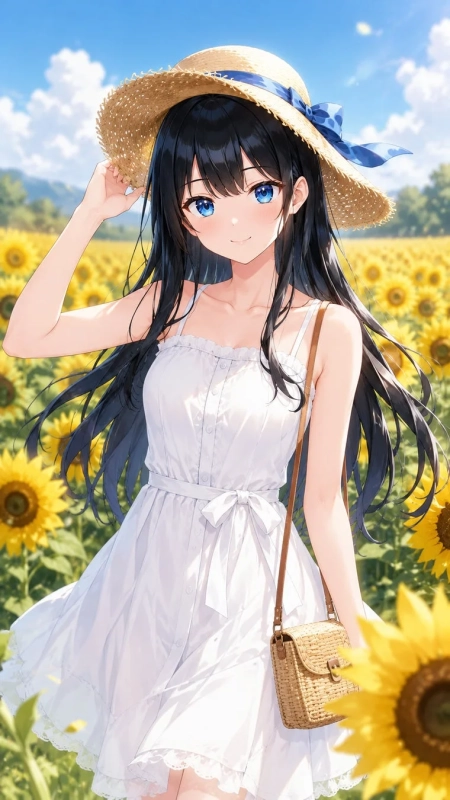 長い黒髪と青い目を持つアニメの少女が、白いワンピースと麦わら帽子を身につけ、満開のひまわり畑で穏やかに微笑んでいます。澄み渡る青空の下、夏の陽光を満喫している様子が描かれています。