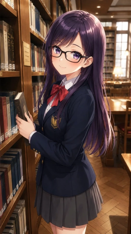長い紫髪と眼鏡が特徴のアニメ風の少女が、図書館の書架の前で制服姿で微笑みながら本を手にしているイラスト