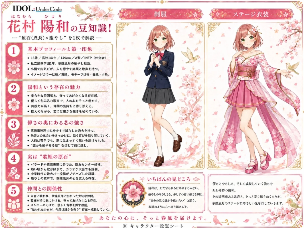 「IDOL:UnderCode」の花村陽和のキャラクター設定シート