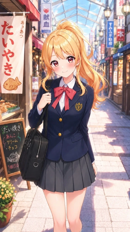日本の活気ある商店街を歩く、制服を着た金髪ポニーテールの女子学生のイラスト