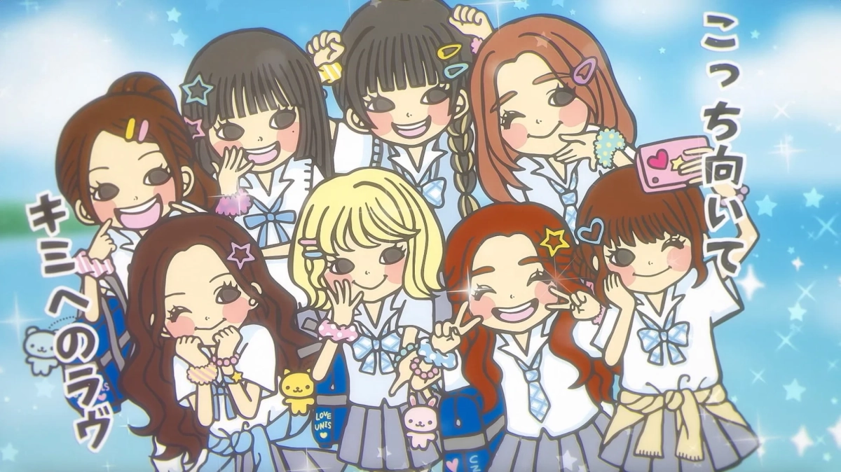 制服を着た可愛らしいアニメ風の女子学生たちが、明るい青空と星の背景で笑顔でポーズをとっているイラスト