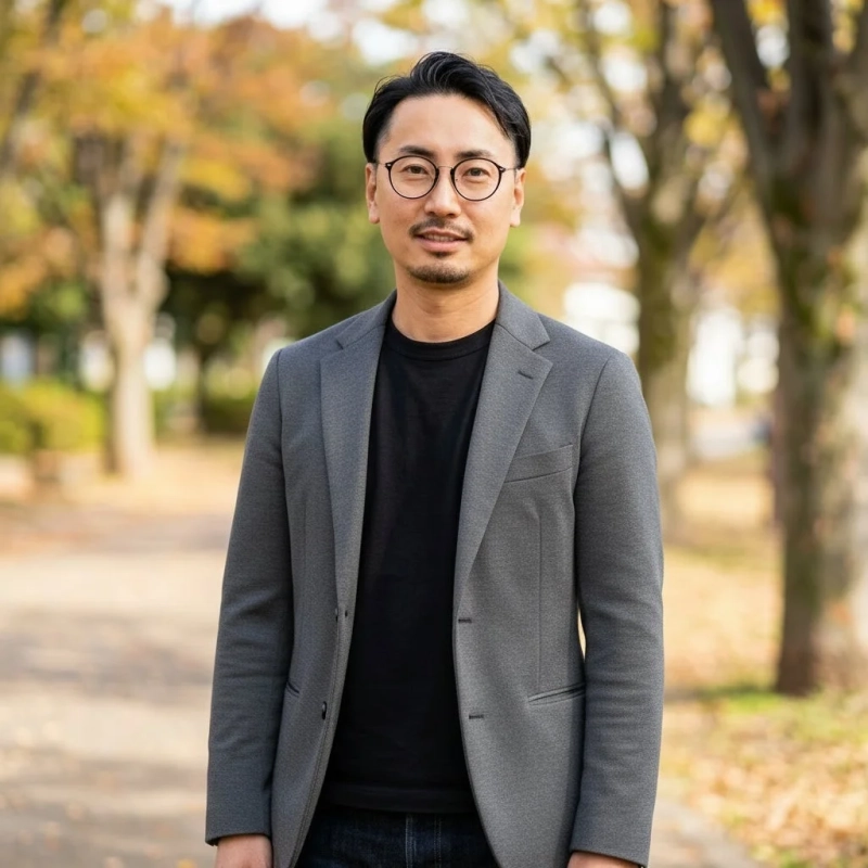 秋の木々を背景に、グレーのジャケットと黒いTシャツを着たアジア人男性