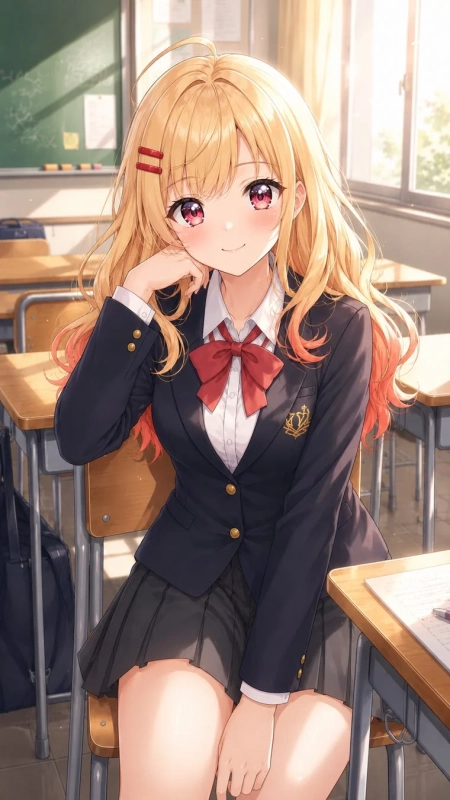 優しく微笑む金髪の女子学生のイラスト