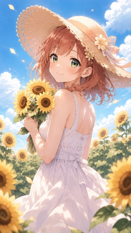麦わら帽子と白いワンピースを着たアニメ風の少女が、ひまわり畑の中でひまわりの花束を抱えて微笑んでいます。青い空と白い雲が広がる夏の明るい風景です。