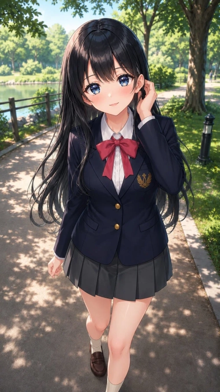 制服を着た黒髪の女子学生が笑顔で歩いているイラスト