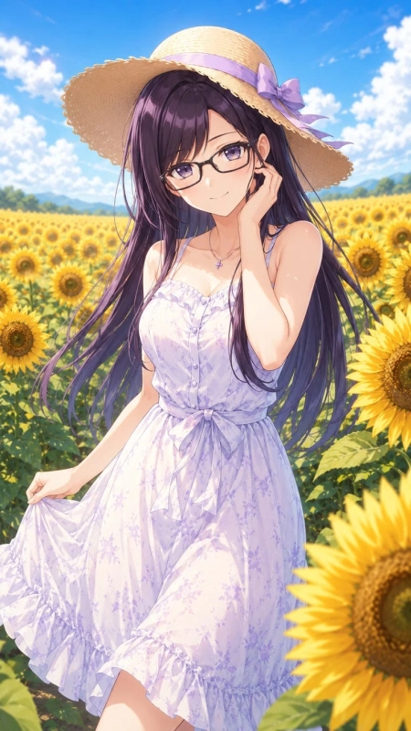 ひまわり畑に立つアニメスタイルの女性。長い黒髪に眼鏡をかけ、麦わら帽子と薄紫のワンピースを着用。青空の下、優しい笑顔を見せており、夏の明るい風景が描かれている。