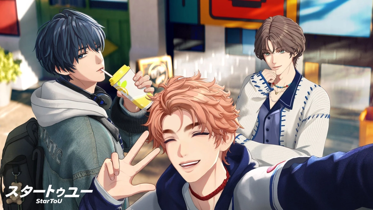 3人の男性アニメキャラクターがセルフィーを撮るイラスト