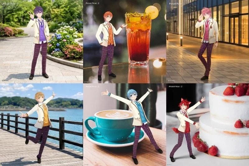 アニメキャラクター,男性キャラクター,学生服,仮想アバター,ポーズ,ガーデン,シティ,海辺,カクテル,コーヒー,ケーキ,イチゴ,コラージュ,複数シーン,プリセットポーズ