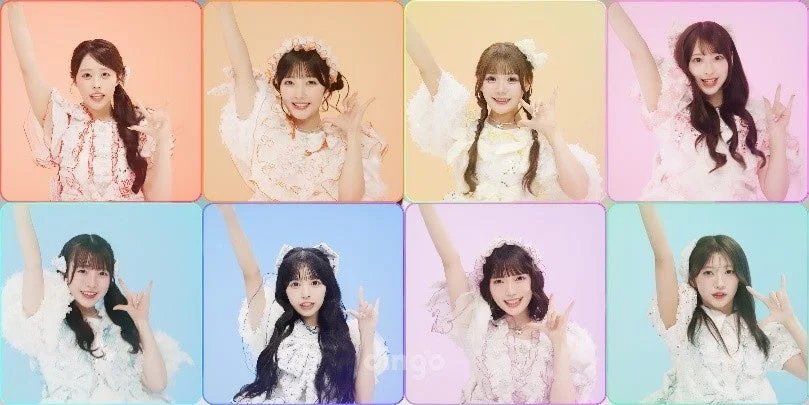 可愛らしいフリルとパステルカラーの衣装を身につけた女性アイドルグループ
