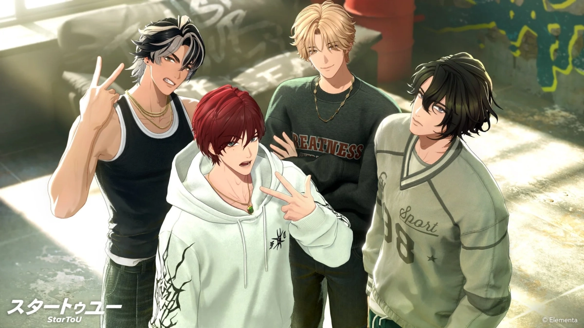 4人の男性アニメキャラクターがストリート系の服装で集まっているイラスト