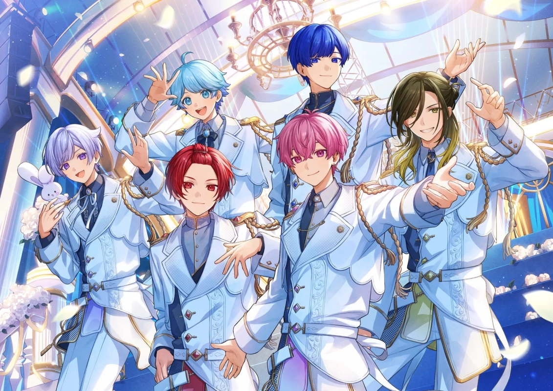 豪華なステージで、白と金を基調とした華やかな制服をまとった6人の男性アニメキャラクターが、笑顔でポーズをとっています。